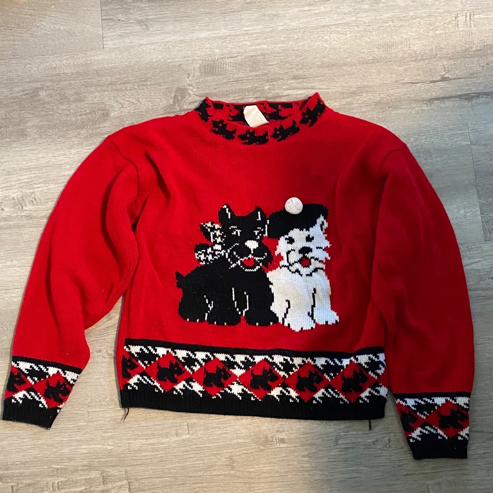 Vintage Young Classics Red & Black Scottish Terrier sweater size Large 10/12